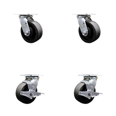 Glass Filled Nylon Swivel Caster w/Main. Free Bearings Set of 4 w/5" x 2" Black Wheels - Includes 2 Swivel with Brakes & 2 Swivel - 4000 lbs Total Capacity - Service Caster Brand